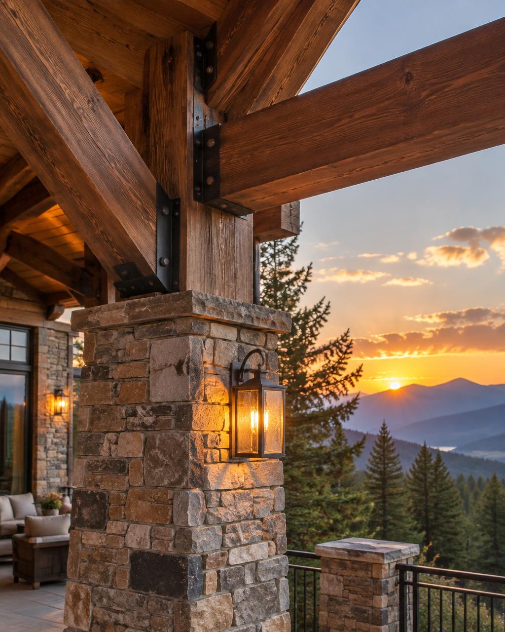 Heavy timber trusses and stacked stone column on a mountain home porch at sunset