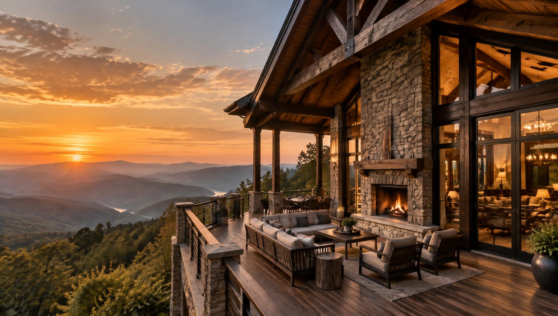 Custom timber and stone mountain home at sunset with Blue Ridge mountain views in Western North Carolina